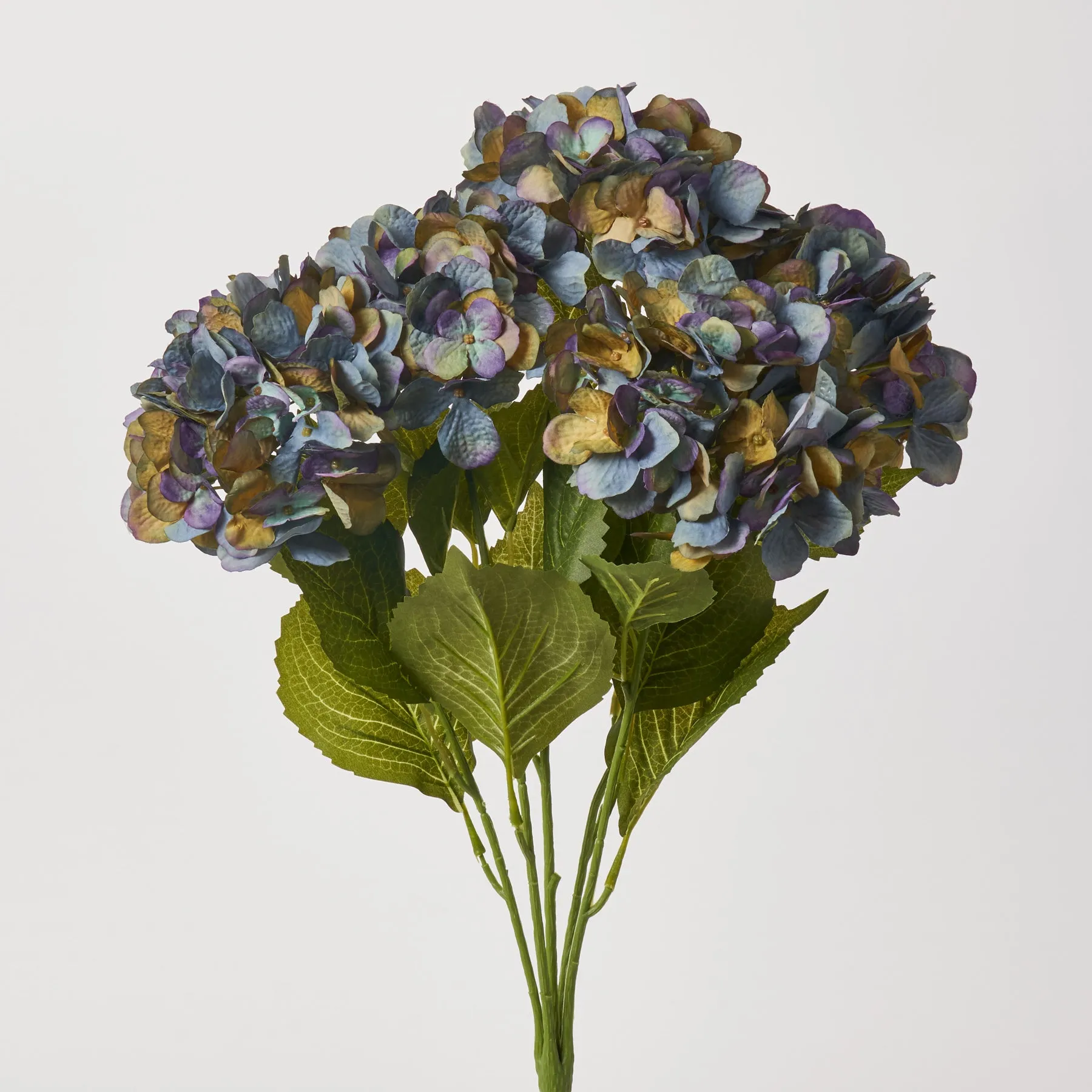 Dried Look Blue & Gold Silk Hydrangea Blooms Faux Bush Stem Bouquet - 21"