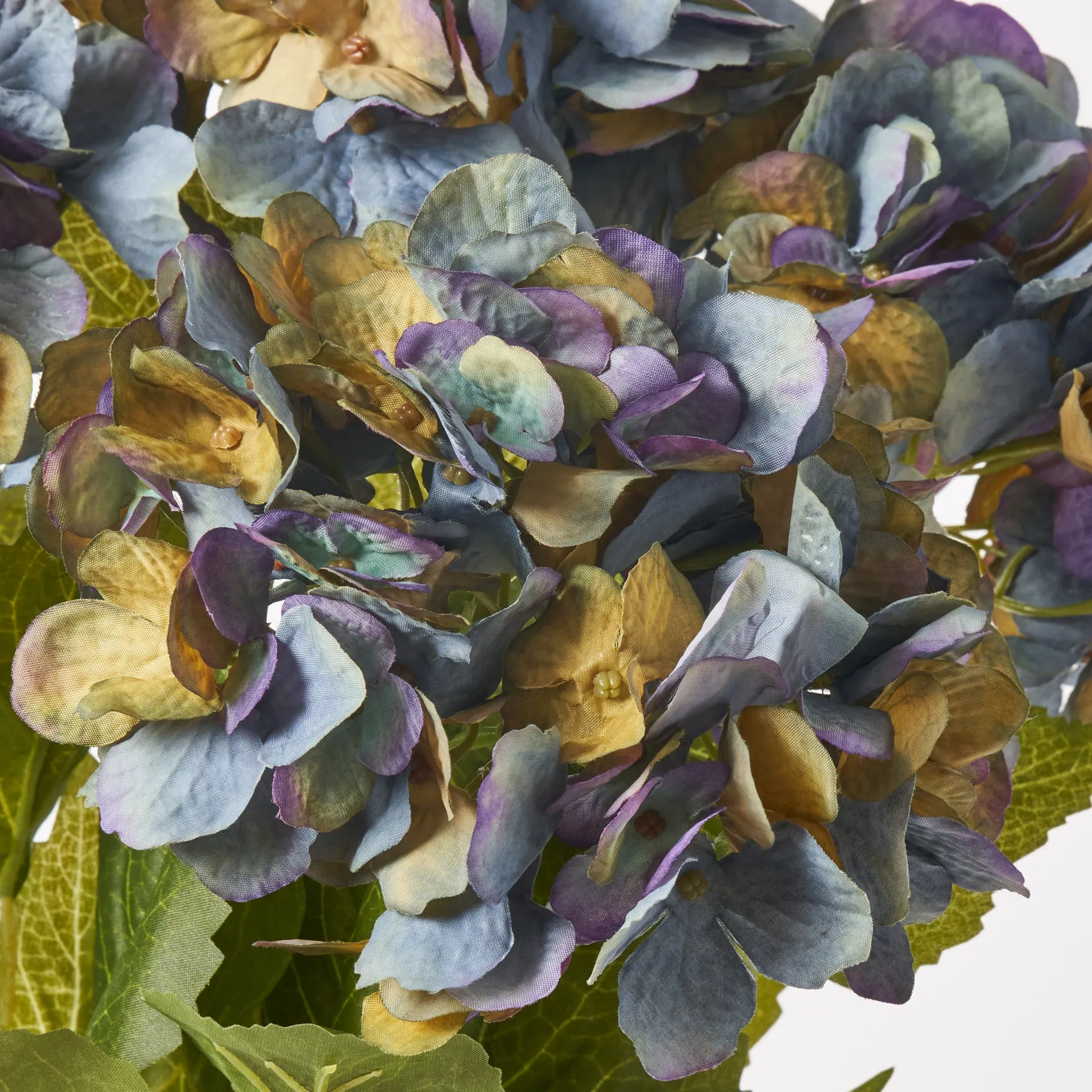 Dried Look Blue & Gold Silk Hydrangea Blooms Faux Bush Stem Bouquet - 21"