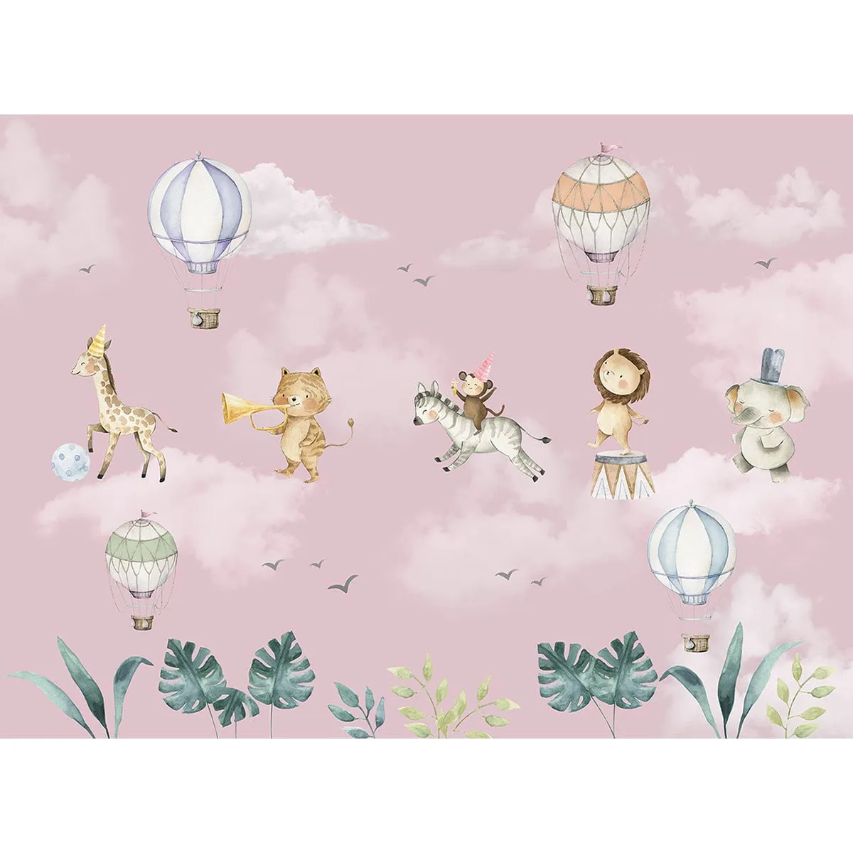 Marching Musical Band of Jungle Animals, Wallpaper for Nursery, Pink