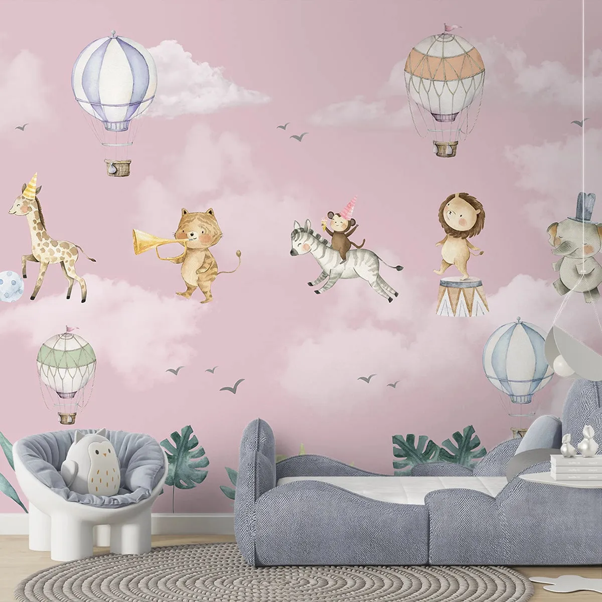 Marching Musical Band of Jungle Animals, Wallpaper for Nursery, Pink