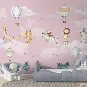 Marching Musical Band of Jungle Animals, Wallpaper for Nursery, Pink