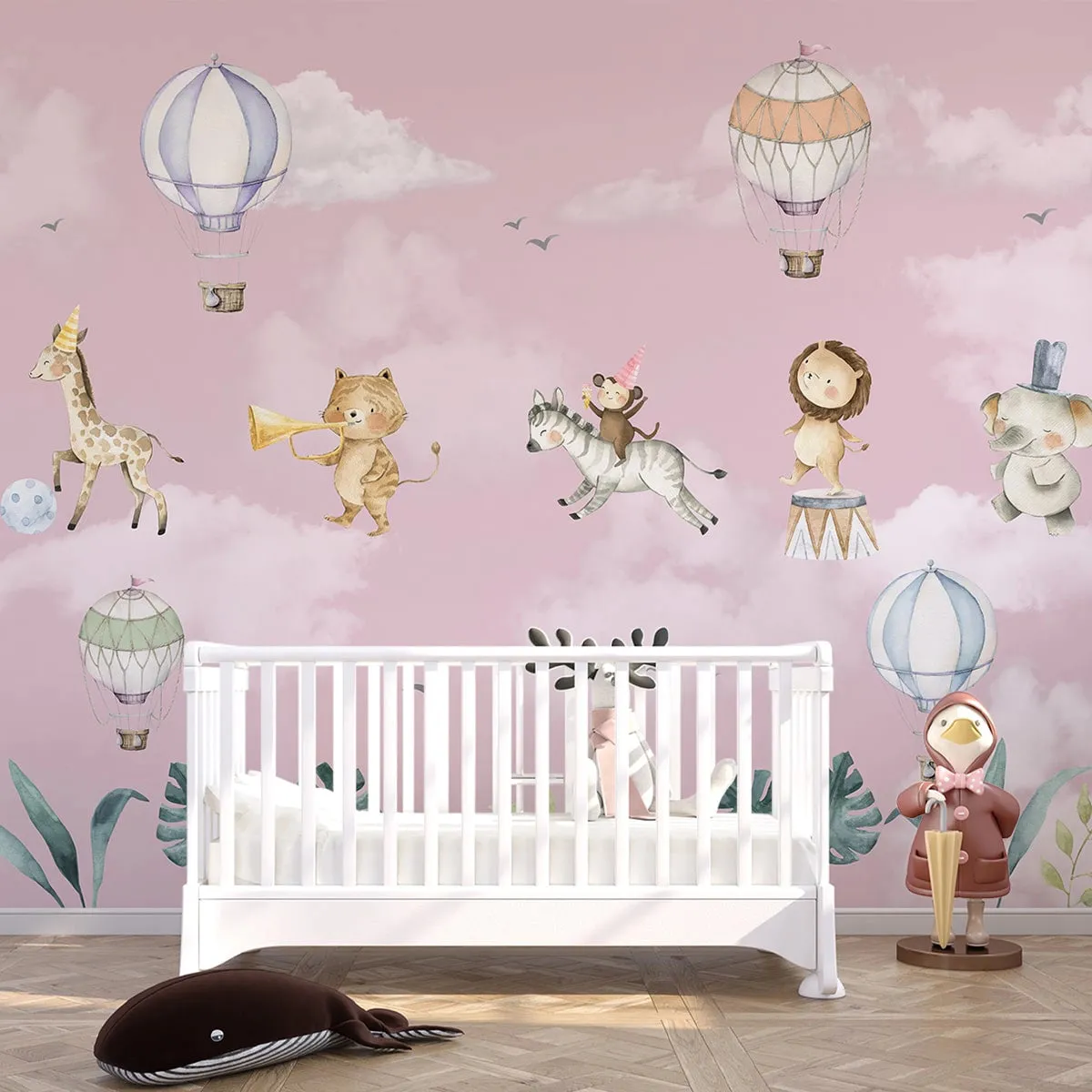 Marching Musical Band of Jungle Animals, Wallpaper for Nursery, Pink